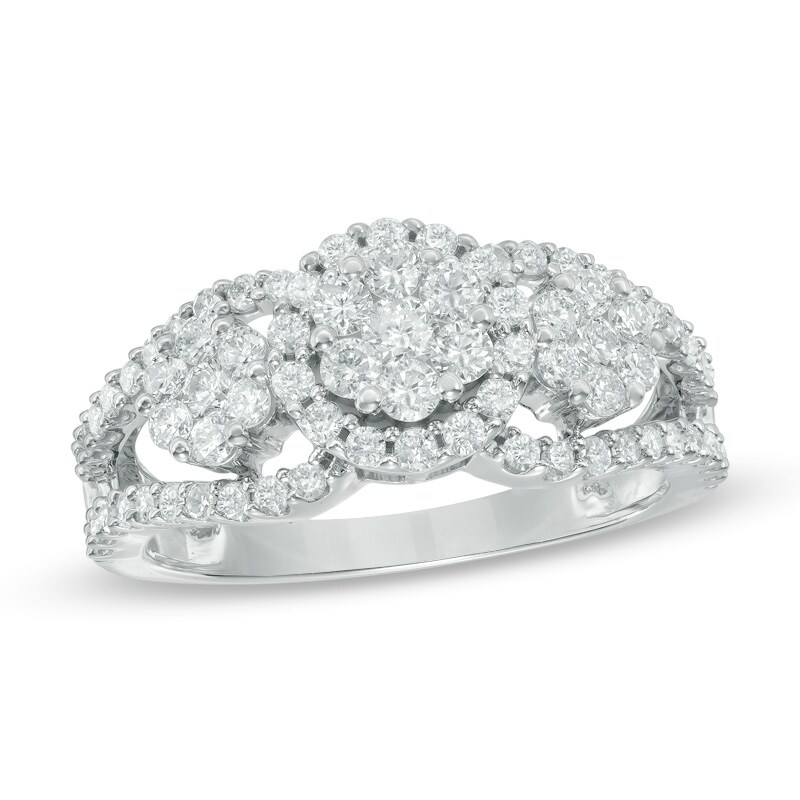 1 CT. T.W. Composite Diamond Three Stone Frame Engagement Ring in 10K White Gold