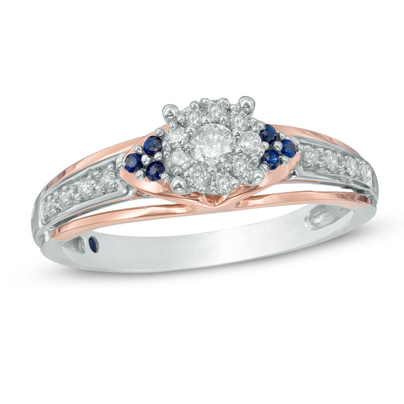 Cherished Promise Collection™ 1/5 CT. T.W. Diamond and Blue Sapphire Cluster Promise Ring in 10K Two-Tone Gold