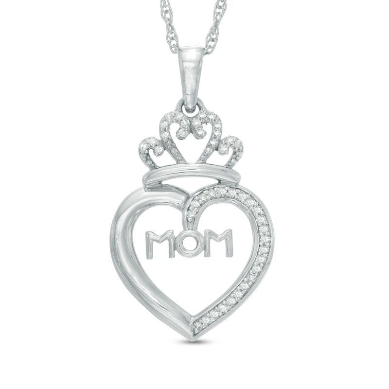 Main Image 1 of 1/10 CT. T.W. Diamond "MOM" Heart Crown Pendant in Sterling Silver