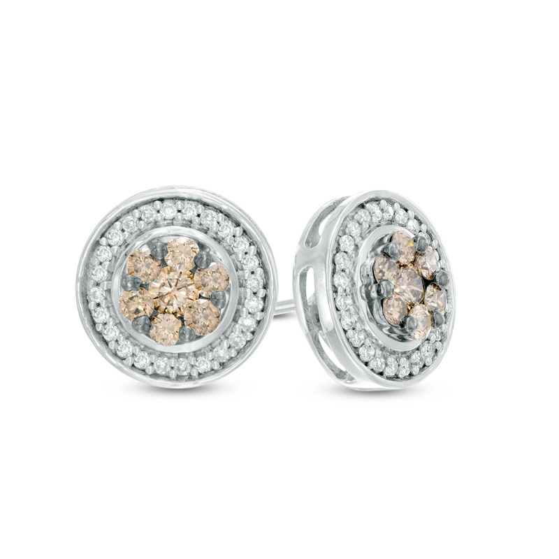 Main Image 1 of 5/8 CT. T.W. Champagne and White Diamond Cluster Frame Stud Earrings in 14K White Gold