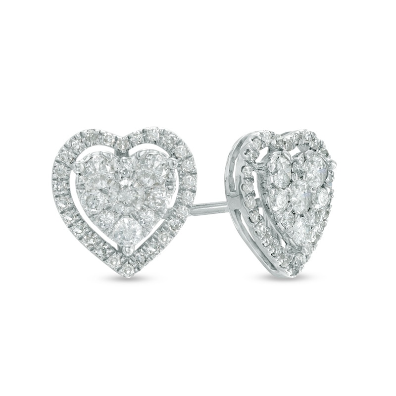 Ladies 10K White Gold Diamond Heart Shape Stud Earrings 13 mm