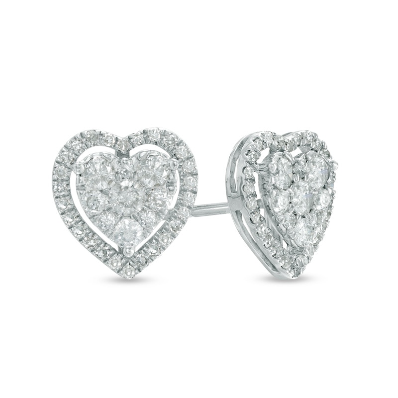 Main Image 1 of 1/2 CT. T.W. Diamond Heart Cluster Stud Earrings in 10K White Gold