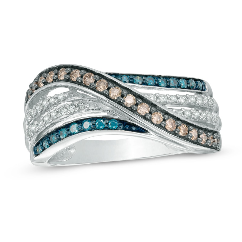1/2 CT. T.W. Enhanced Blue, Champagne and White Diamond Crossover Band in 10K White Gold