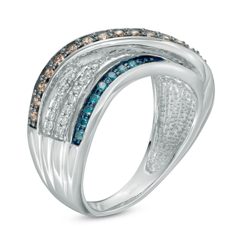 1/2 CT. T.W. Enhanced Blue, Champagne and White Diamond Crossover Band in 10K White Gold