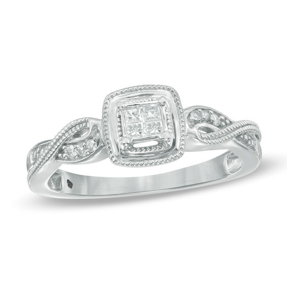 Cherished Promise Collection 1 8 Ct T W Diamond Three Stone Cherished Promise Collection 1 15 Ct T W Quad Princess Cut Diamond Milgrain