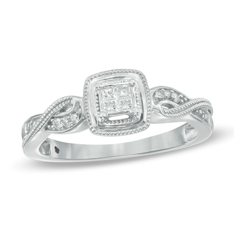 Main Image 1 of Cherished Promise Collection™ 1/15 CT. T.W. Quad Princess-Cut Diamond Milgrain Promise Ring in Sterling Silver