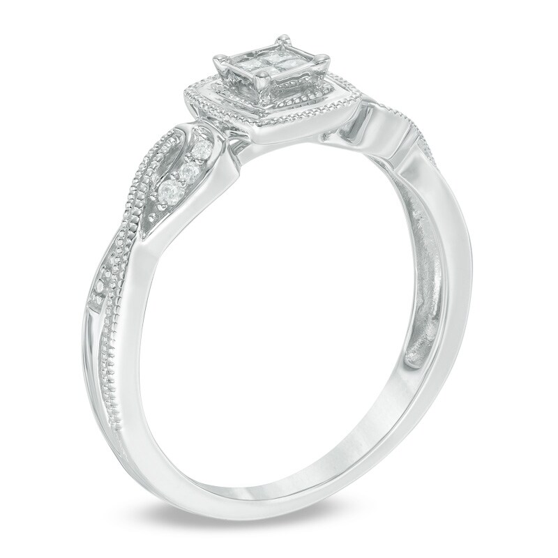 Main Image 2 of Cherished Promise Collection™ 1/15 CT. T.W. Quad Princess-Cut Diamond Milgrain Promise Ring in Sterling Silver
