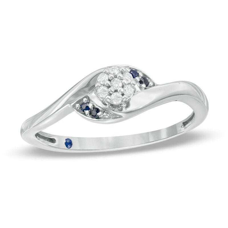 Main Image 1 of Cherished Promise Collection™ Diamond Accent and Blue Sapphire Cluster Swirl Promise Ring in Sterling Silver