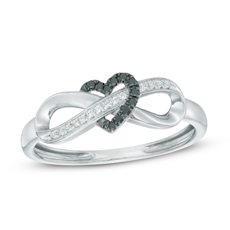 Main Image 1 of 1/20 CT. T.W. Black and White Diamond Infinity Heart Wrapped Ring in 10K White Gold