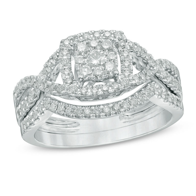 Main Image 1 of 5/8 CT. T.W. Composite Diamond Frame Twist Shank Bridal Set in 10K White Gold