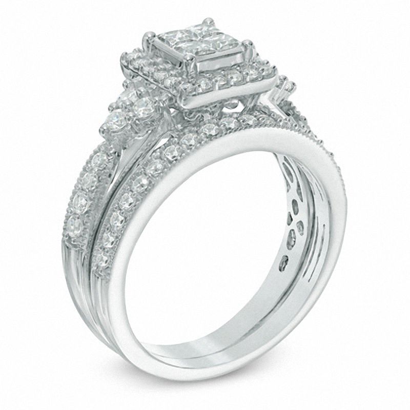 1 CT. T.W. Quad Princess-Cut Diamond Frame Tri-Sides Bridal Set in 10K White Gold