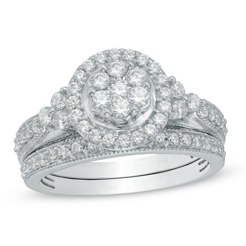 Main Image 1 of 1 CT. T.W. Composite Diamond Frame Tri-Sides Bridal Set in 10K White Gold