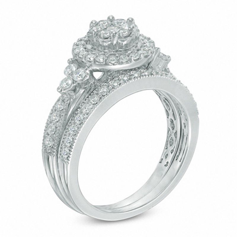 1 CT. T.W. Composite Diamond Frame Tri-Sides Bridal Set in 10K White Gold