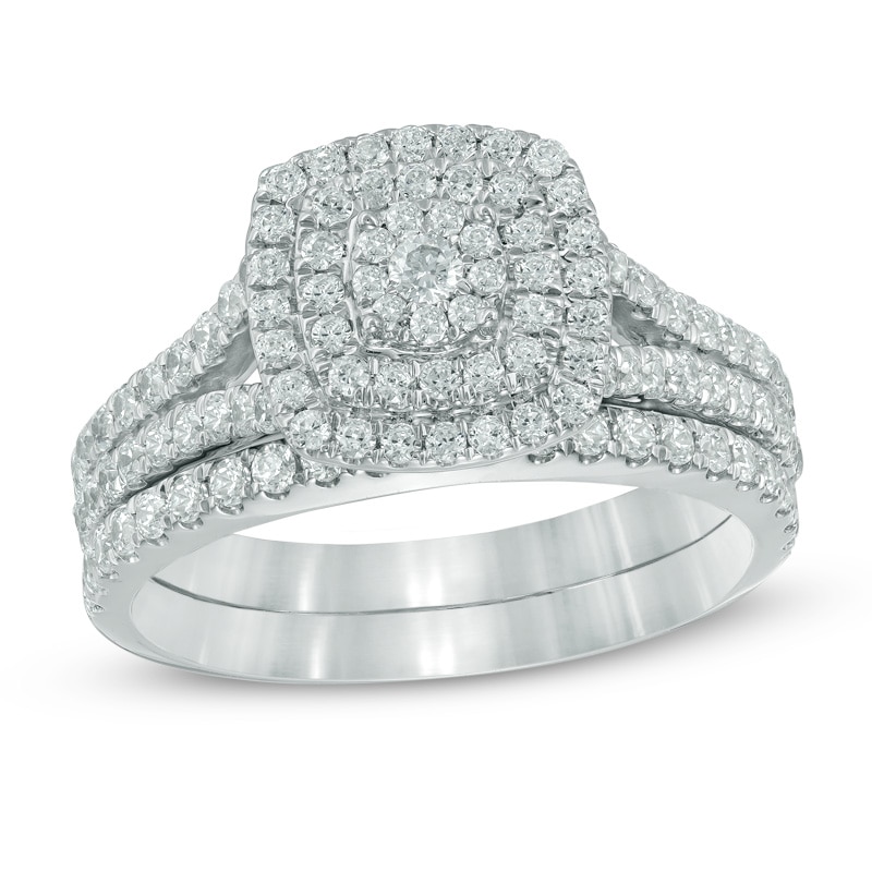 Main Image 1 of 1 CT. T.W. Multi-Diamond Double Square Frame Bridal Set in 10K White Gold
