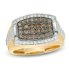 Thumbnail Image 1 of Men's 1 CT. T.W. Champagne and White Diamond Tonneau-Shaped Ring in 10K Gold