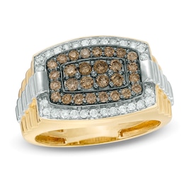 Men's 1 CT. T.W. Champagne and White Diamond Tonneau-Shaped Ring in 10K Gold