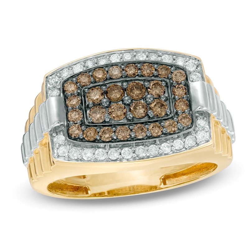 Main Image 1 of Men's 1 CT. T.W. Champagne and White Diamond Tonneau-Shaped Ring in 10K Gold
