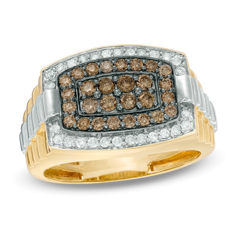 Men's 1 CT. T.W. Champagne and White Diamond Tonneau-Shaped Ring in 10K Gold