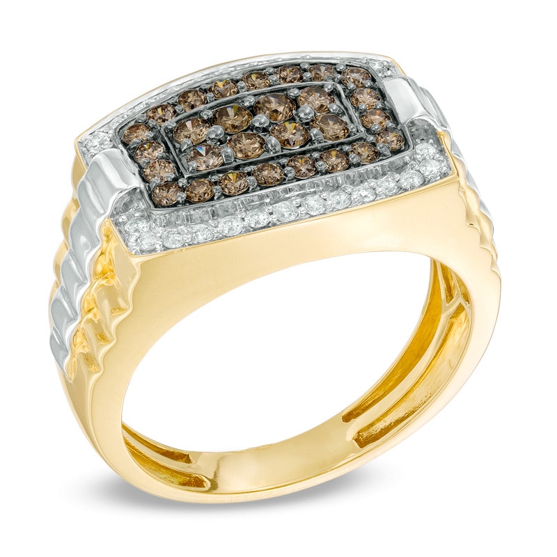 Main Image 2 of Men's 1 CT. T.W. Champagne and White Diamond Tonneau-Shaped Ring in 10K Gold