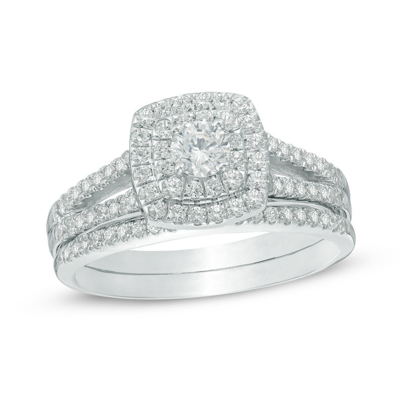 3/4 CT. T.W. Diamond Cushion-Shaped Double Frame Split Shank Bridal Set in 10K White Gold