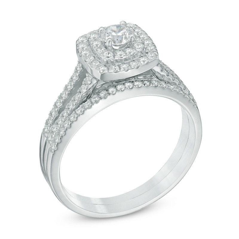3/4 CT. T.W. Diamond Cushion-Shaped Double Frame Split Shank Bridal Set in 10K White Gold