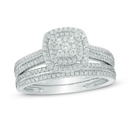 marryページ★同梱2点(差額) 1/2 CT. T.W. Multi-Diamond Double Square Frame Bridal Set in