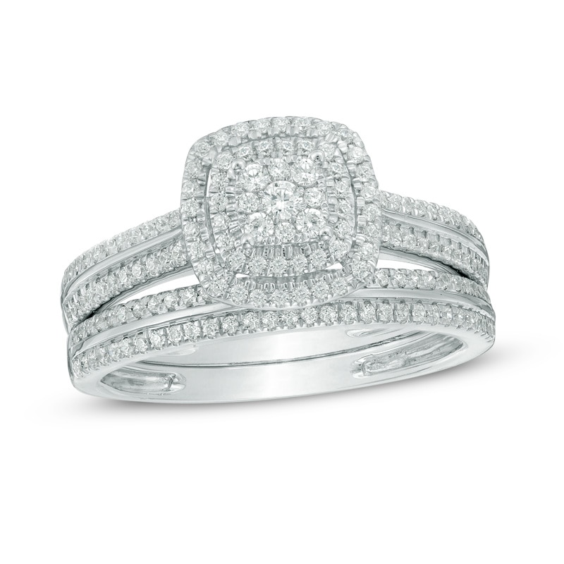 Main Image 1 of 1/2 CT. T.W. Multi-Diamond Double Square Frame Bridal Set in 10K White Gold