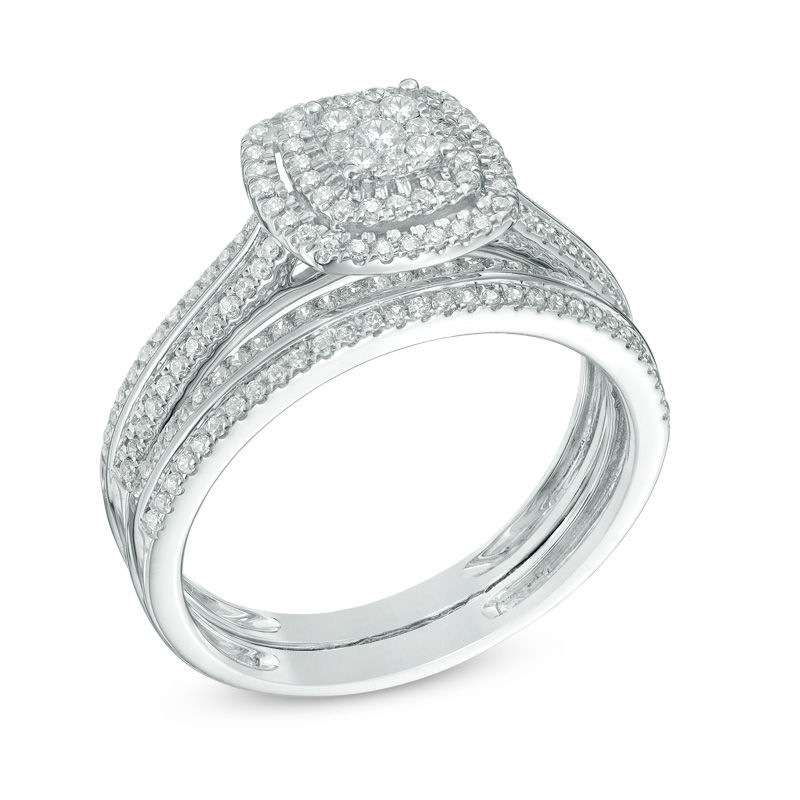 1/2 CT. T.W. Multi-Diamond Double Square Frame Bridal Set in