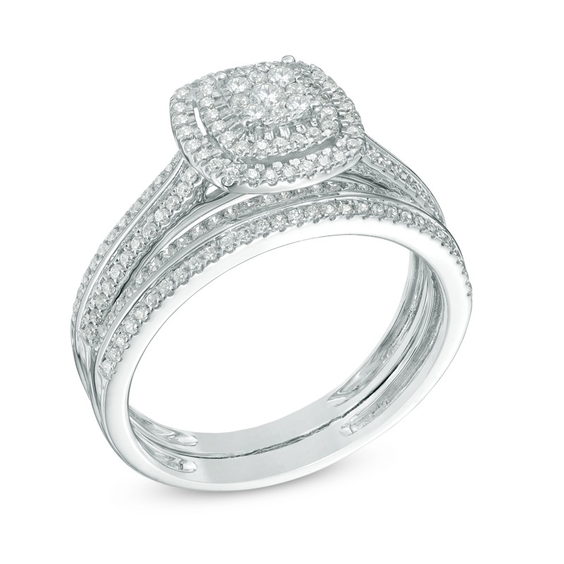 Main Image 2 of 1/2 CT. T.W. Multi-Diamond Double Square Frame Bridal Set in 10K White Gold
