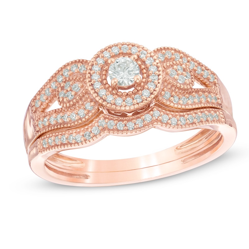 Main Image 1 of 1/4 CT. T.W. Diamond Frame Vintage-Style Split Shank Bridal Set in 10K Rose Gold