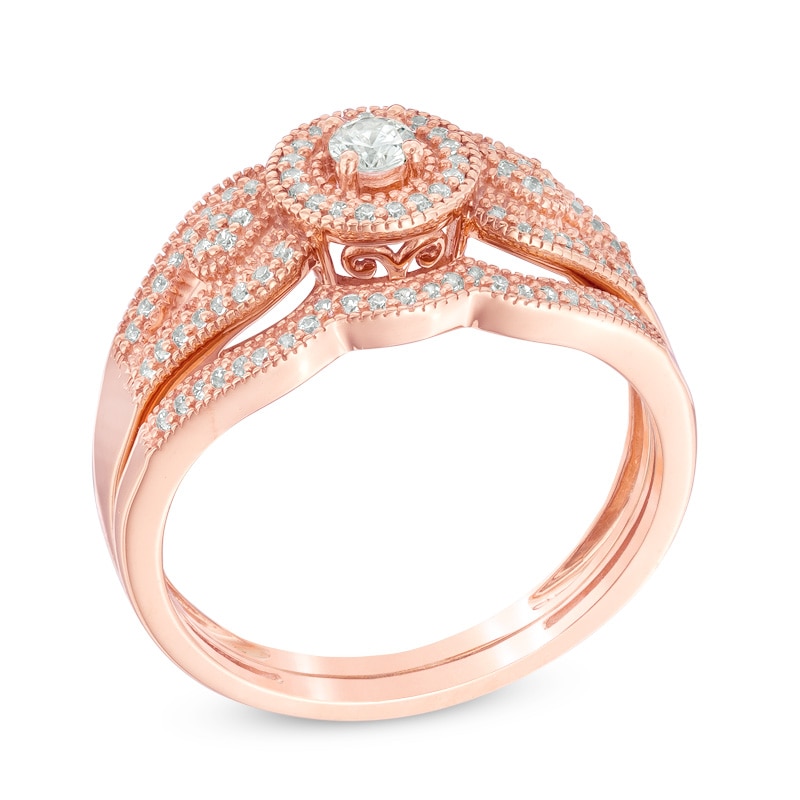 Main Image 2 of 1/4 CT. T.W. Diamond Frame Vintage-Style Split Shank Bridal Set in 10K Rose Gold