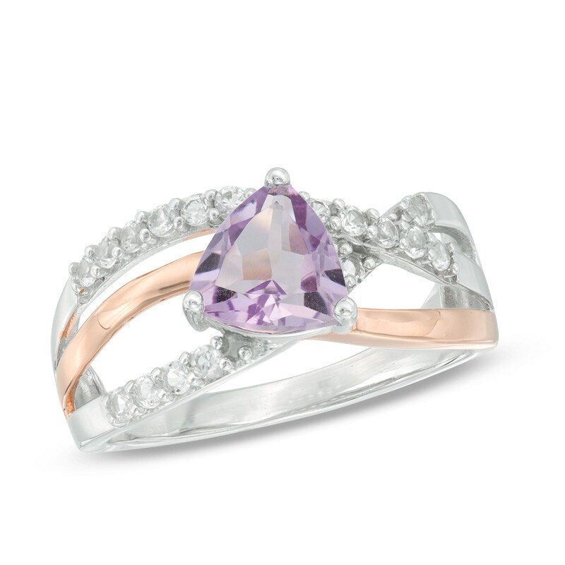 Main Image 1 of Trillion-Cut Amethyst and Lab-Created White Sapphire Ring in Sterling Silver and 14K Rose Gold Plate