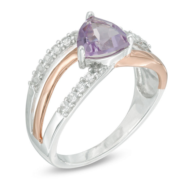 Main Image 2 of Trillion-Cut Amethyst and Lab-Created White Sapphire Ring in Sterling Silver and 14K Rose Gold Plate
