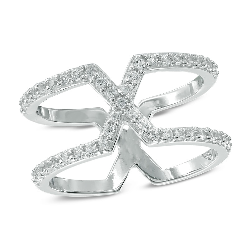 Lab-Created White Sapphire "X" Orbit Ring in Sterling Silver