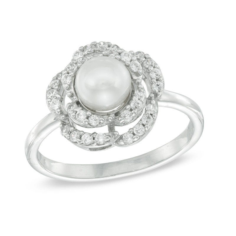 6.0mm Cultured Freshwater Pearl and Lab-Created White Sapphire Flower Ring in Sterling Silver