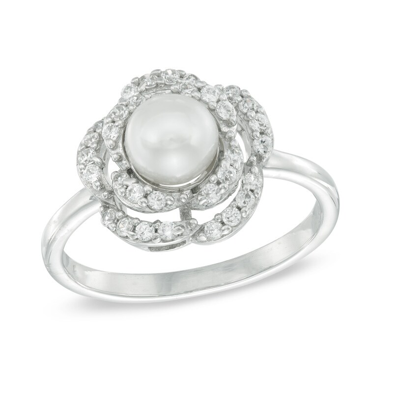 6.0mm Cultured Freshwater Pearl and Lab-Created White Sapphire Flower Ring in Sterling Silver