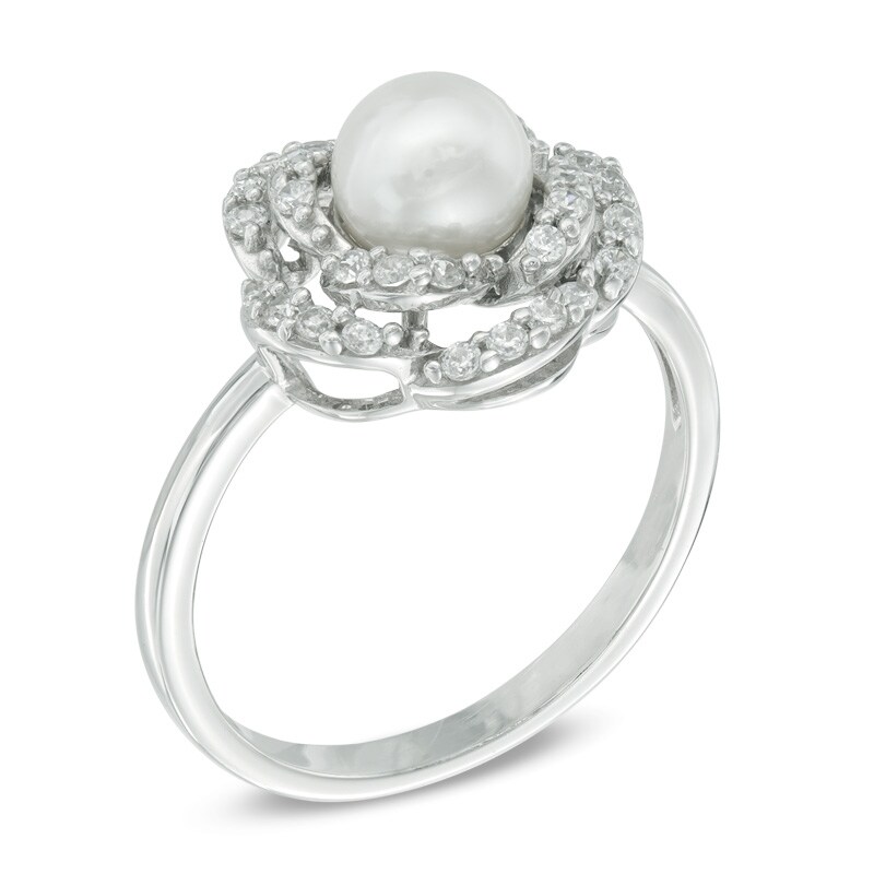 Main Image 2 of 6.0mm Freshwater Cultured Pearl and Lab-Created White Sapphire Flower Ring in Sterling Silver