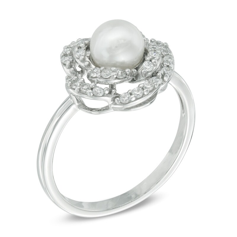 6.0mm Cultured Freshwater Pearl and Lab-Created White Sapphire Flower Ring in Sterling Silver