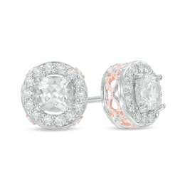 5.0mm Lab-Created White Sapphire Frame Stud Earrings in Sterling Silver with 18K Rose Gold Plate