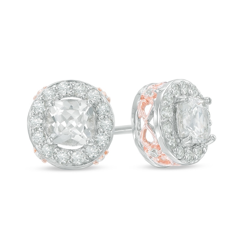 5.0mm Lab-Created White Sapphire Frame Stud Earrings in Sterling Silver with 18K Rose Gold Plate