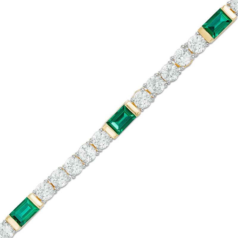 Main Image 1 of Baguette-Cut Lab-Created Emerald and White Sapphire Bracelet in Sterling Silver with 14K Gold Plate - 7.25"