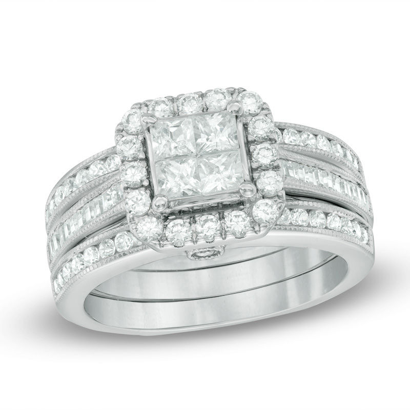 1.50 Ct Princess Cut Diamond 14K White Gold Women's Bridal Engagement Ring Set 