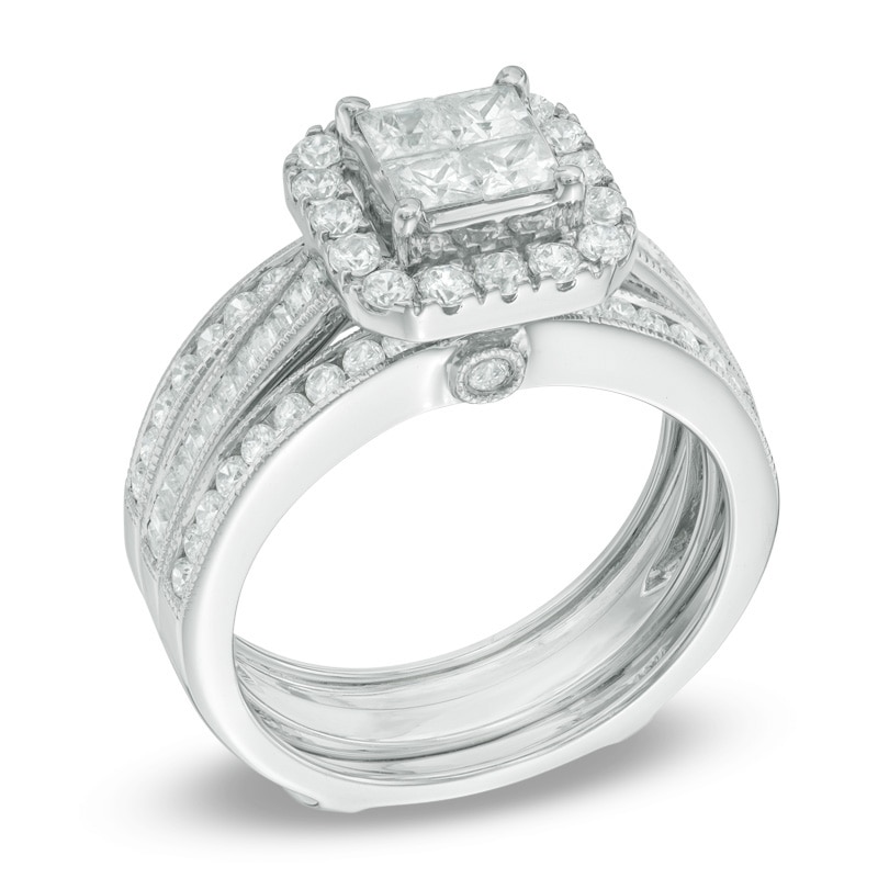 1-1/2 CT. T.W. Quad Princess-Cut Diamond Frame Bridal Set in 14K White Gold