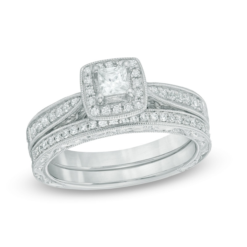 Main Image 1 of 1/2 CT. T.W. Certified Canadian Diamond Frame Vintage-Style Bridal Set in 14K White Gold (I/I2)