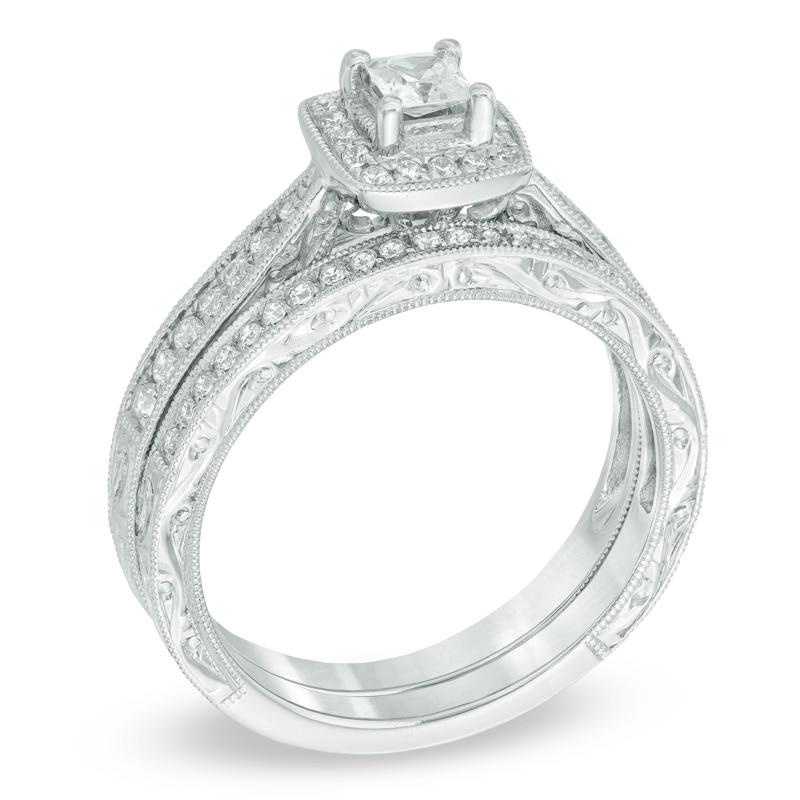 1/2 CT. T.W. Certified Canadian Diamond Frame Vintage-Style Bridal Set in 14K White Gold (I/I2)