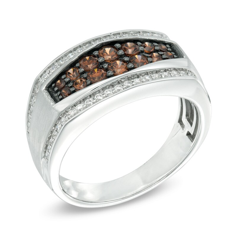 1 CT. T.W. Champagne and White Diamond Men's Multi-Row Ring in 10K White Gold