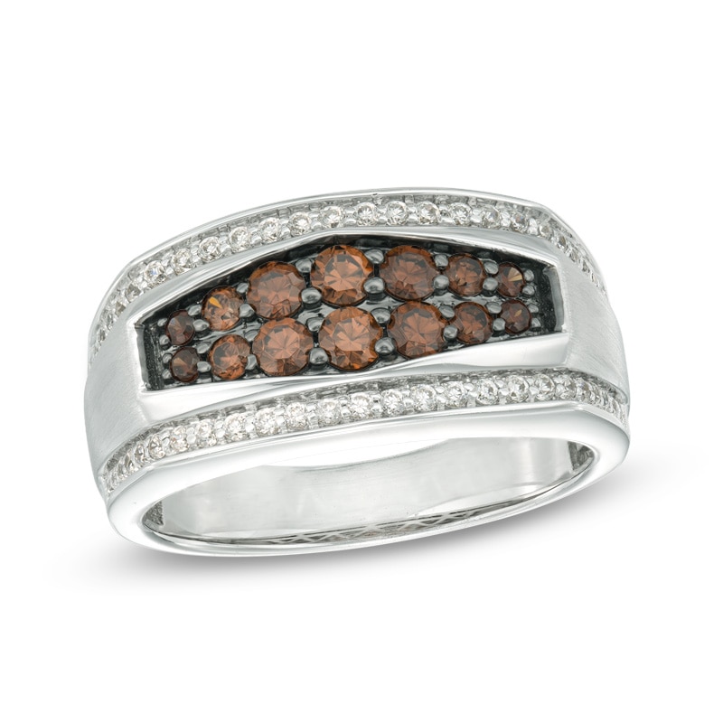 1 CT. T.W. Champagne and White Diamond Men's Multi-Row Ring in 10K White Gold