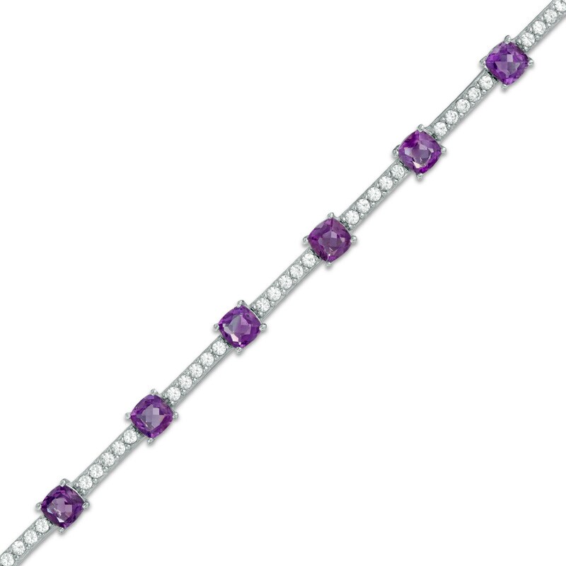 Main Image 1 of Cushion-Cut African Amethyst and Lab-Created White Sapphire Station Bracelet in Sterling Silver - 7.25"