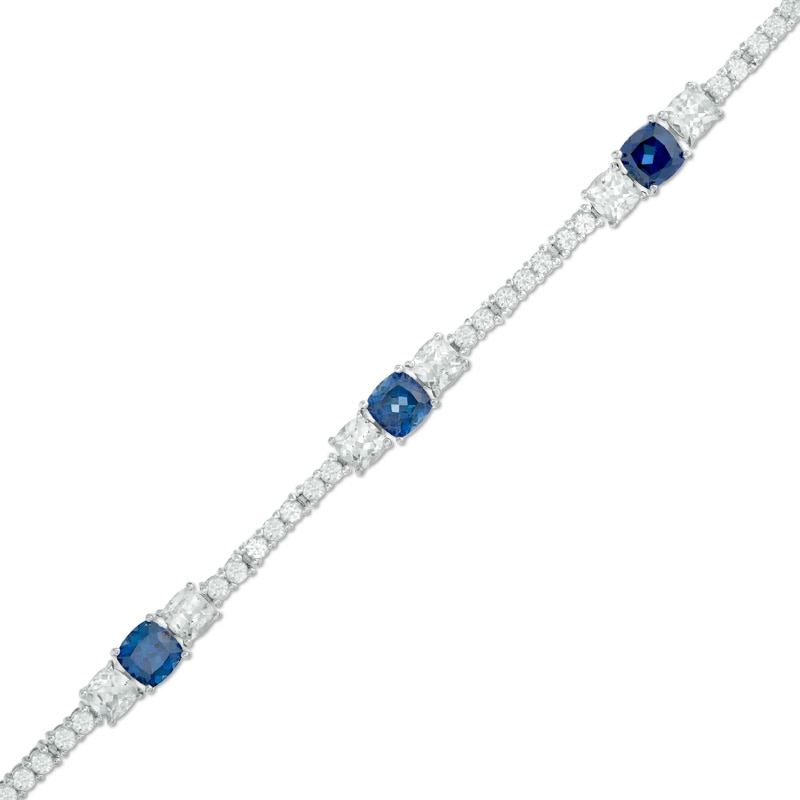 Main Image 1 of Lab-Created Blue and White Sapphire Line Bracelet in Sterling Silver - 7.25"