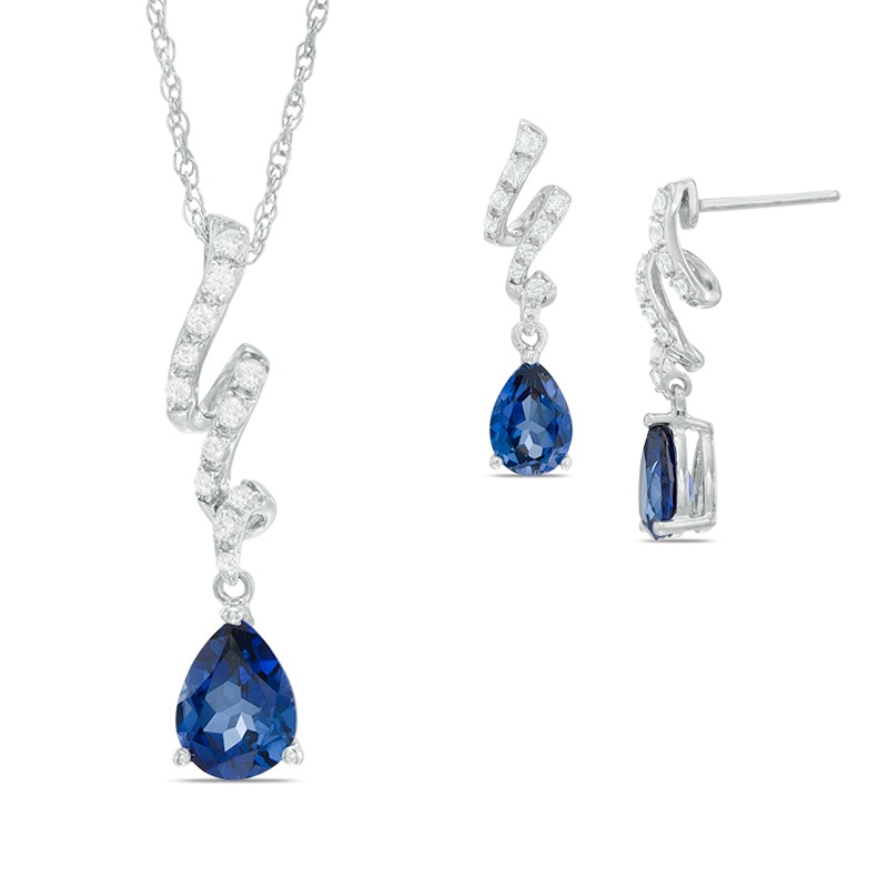 Main Image 1 of Pear-Shaped Lab-Created Blue and White Sapphire Ribbon Pendant and Earrings Set in Sterling Silver